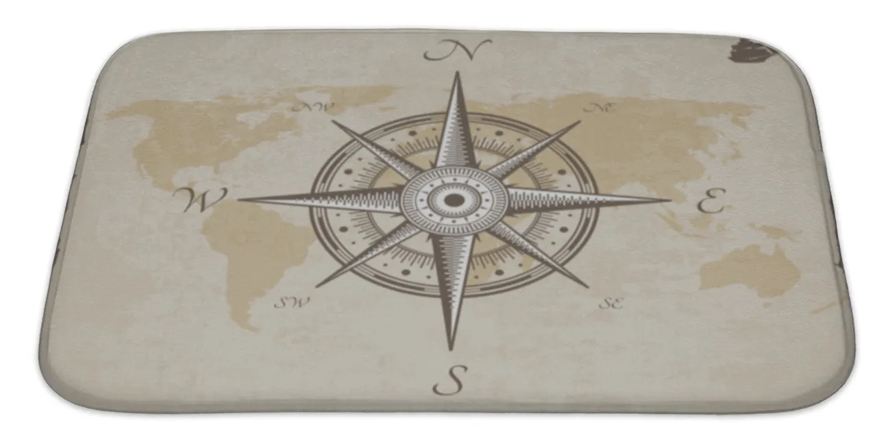Bath Rug Mat No Slip Microfiber Memory Foam, Silver Vintage Nautical Compass Old Map Paper Torn Border Frame Wind, 34x21