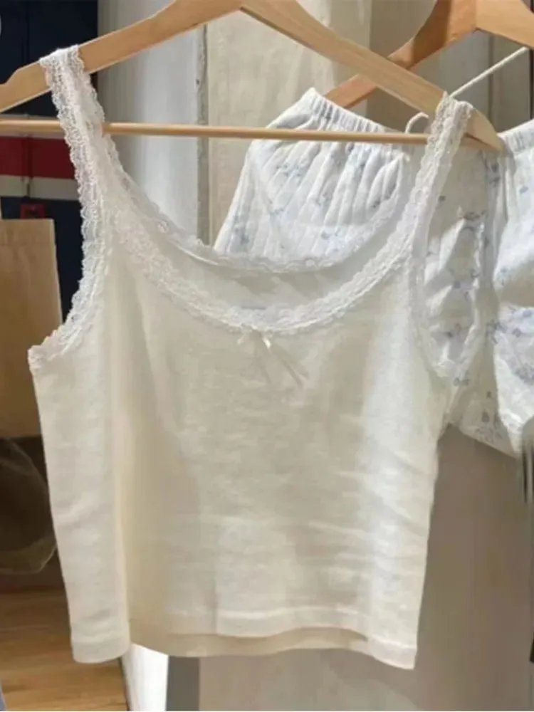 Bonnyshow  Casual Women Fashion Soft Cotton White Bow Ornament Tanks Summer Vintage O Neck Lace Edge Sleeveless Female Chic Tops