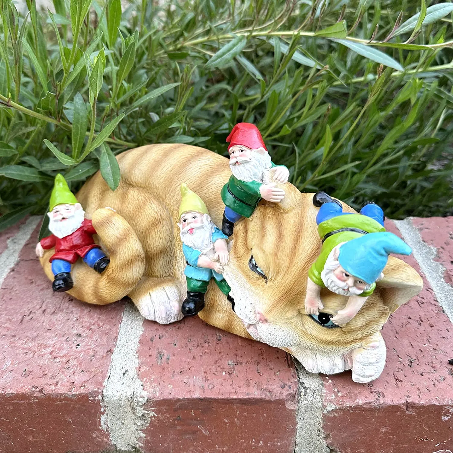 Cat Garden Statue with Gnomes, Hand Painted, UV-Treated Resin, 6.5 x 12 Inches