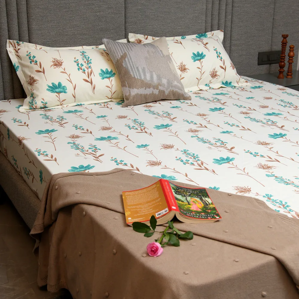 Fitted King Size Cotton Bedsheet - Orchid Blooms - Turquoise