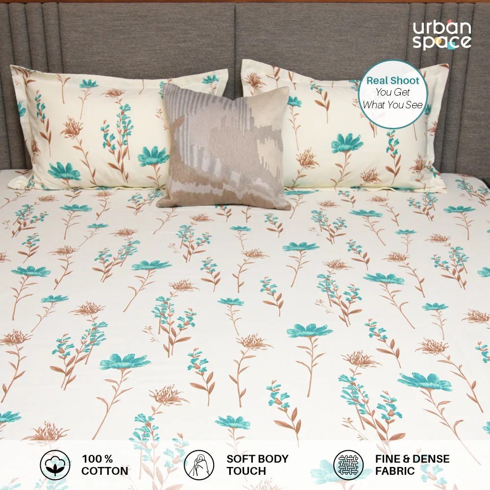 Fitted King Size Cotton Bedsheet - Orchid Blooms - Turquoise