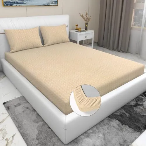 PRINDA Double Bed Elastic Fitted Bedsheet, 72 x 78 x 8 cm, Cotton Feel King Size Bedsheet with 2 Pillow Covers, White (Beige, King 72 x 78 x 8 Inches)