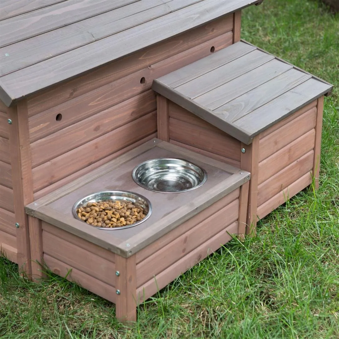 Solid Wood A-Frame Outdoor Dog House with Food Bowl and Storage